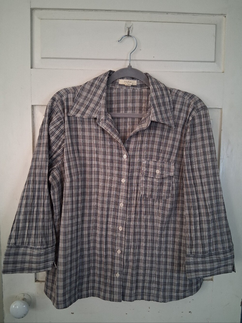 Brina & Em Plaid Button-Down Shirt Gray Multi Plaid Crinkle 3/4 Sleeve SzLP